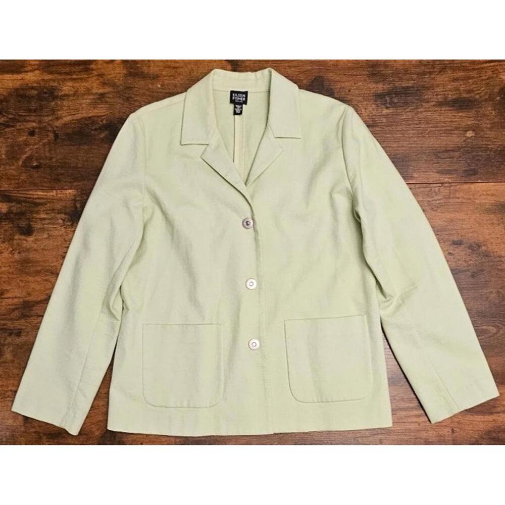 Eileen Fisher Medium Spring Green Jacket Lightweight Cotton Womens Snap Front